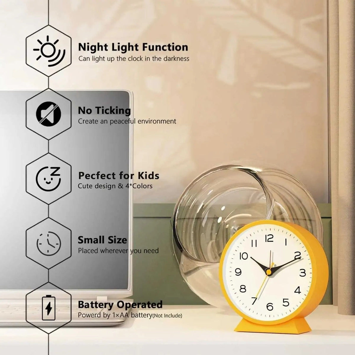 Retro analoge wekker met geruisloos quartzuurwerk en verlichting voor slaapkamer of bureau