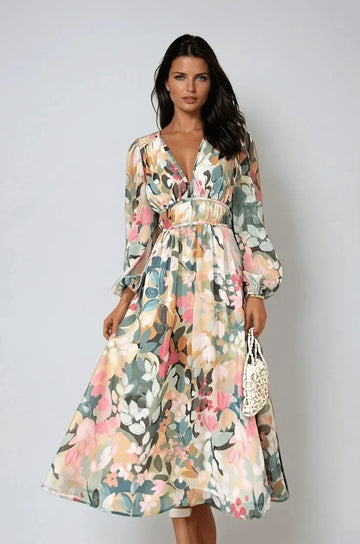 Rhea midijurk met bloemenprint, V-hals en pofmouwen voor dames