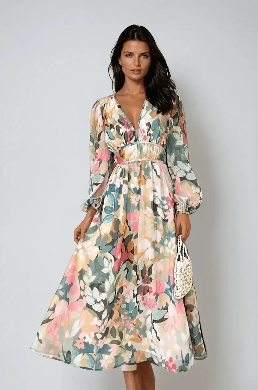 Rhea midijurk met bloemenprint, V-hals en pofmouwen voor dames