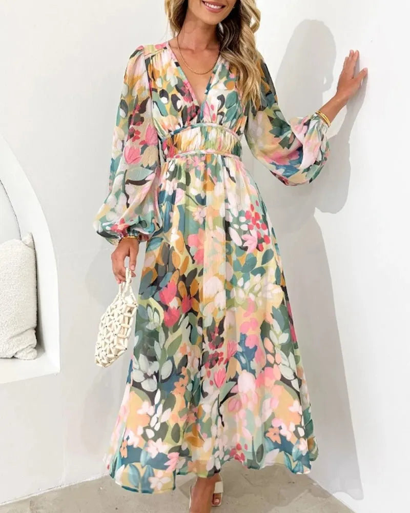Rhea midijurk met bloemenprint, V-hals en pofmouwen voor dames