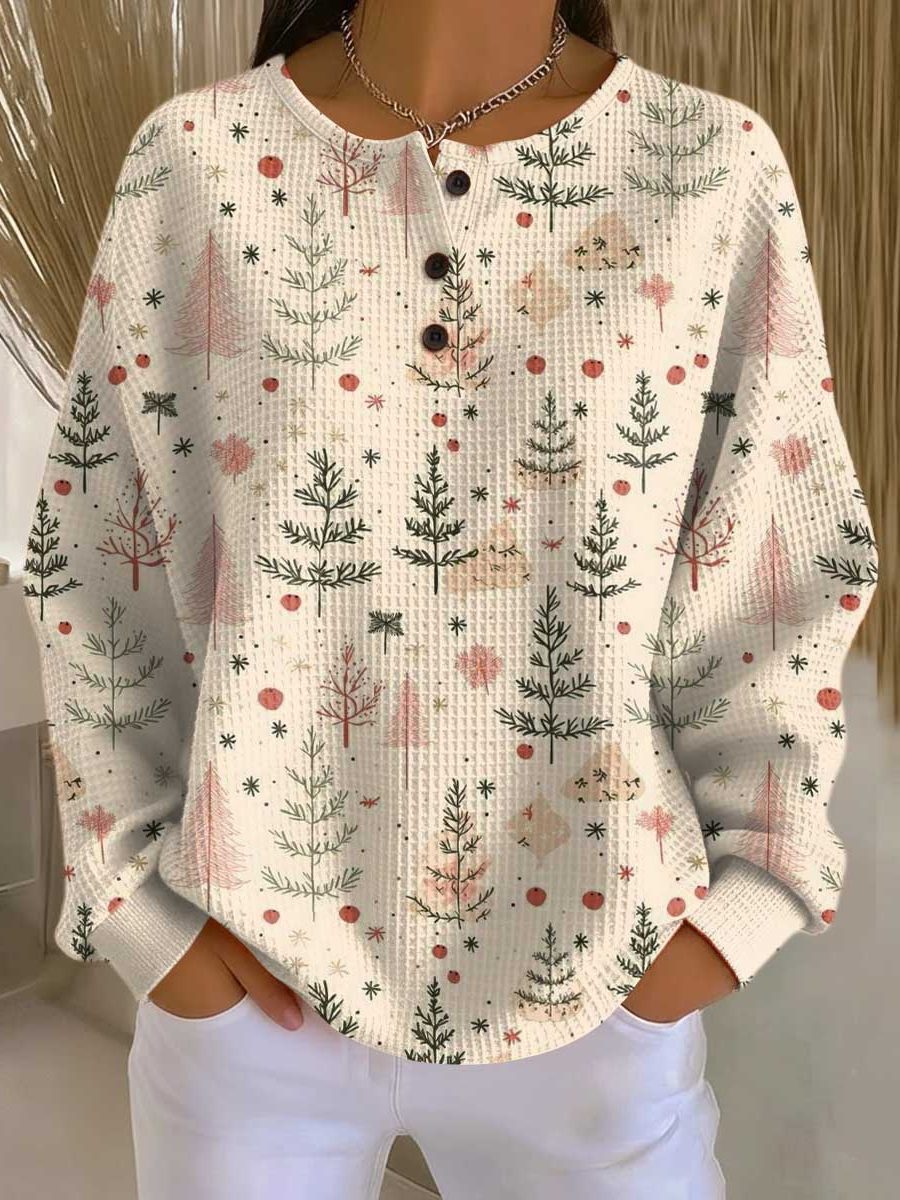 Geribbelde gebreide trui met kerstboomprint en knoopsluiting voor dames