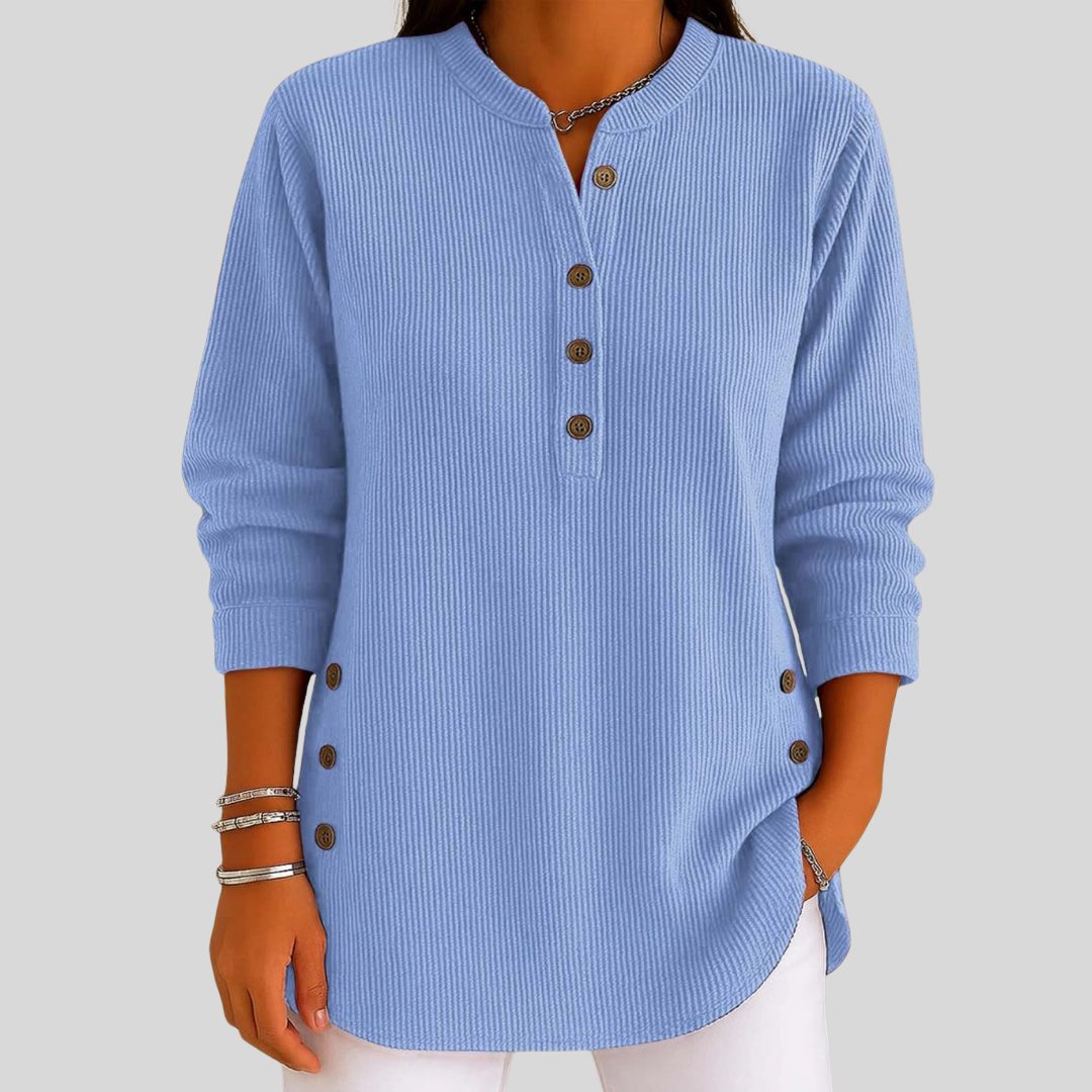 Geribbelde pullover met ronde hals en knoopsluiting voor dames