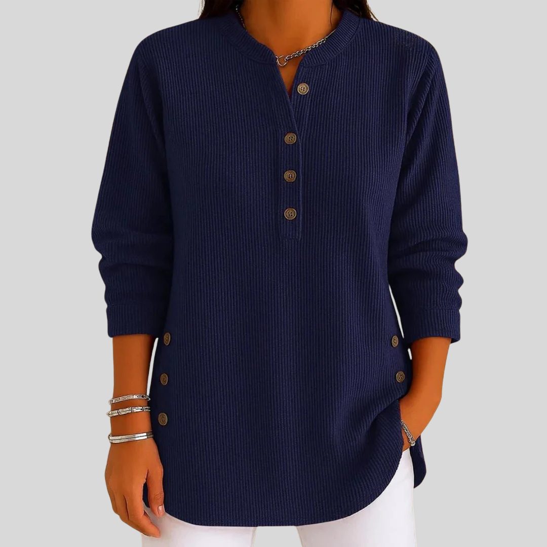 Geribbelde pullover met ronde hals en knoopsluiting voor dames