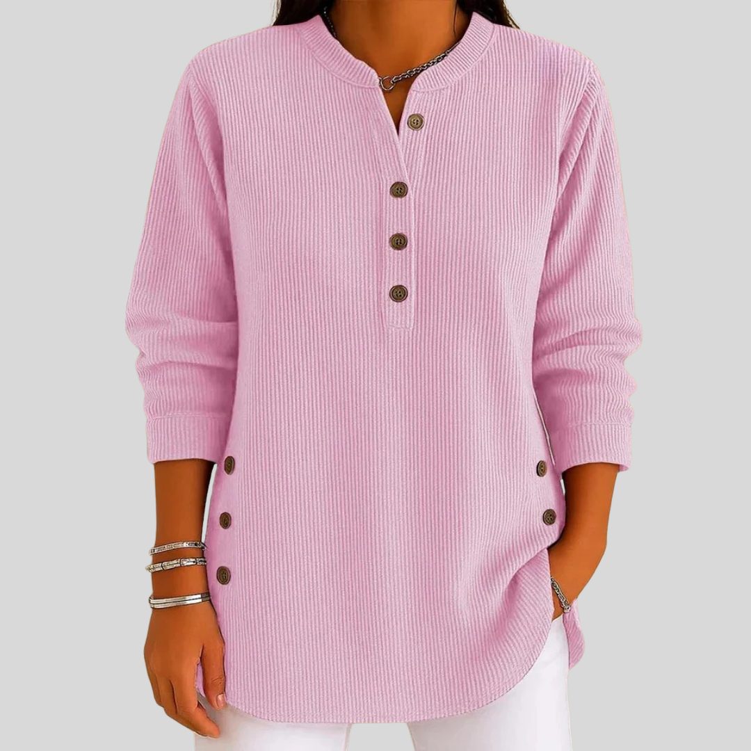 Geribbelde pullover met ronde hals en knoopsluiting voor dames