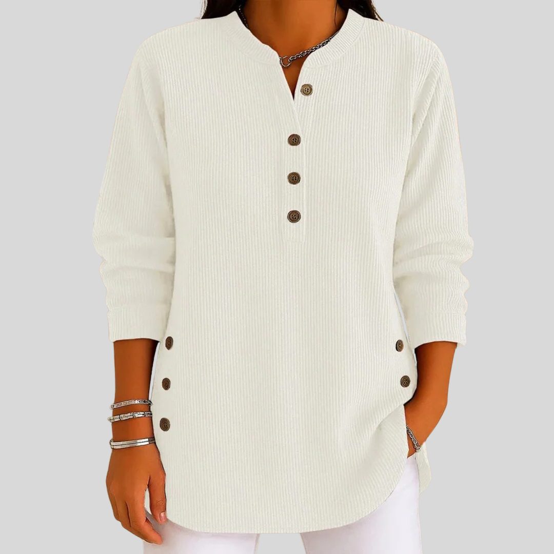 Geribbelde pullover met ronde hals en knoopsluiting voor dames
