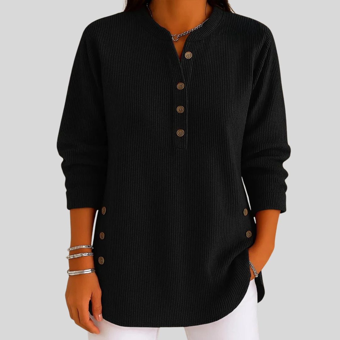 Geribbelde pullover met ronde hals en knoopsluiting voor dames
