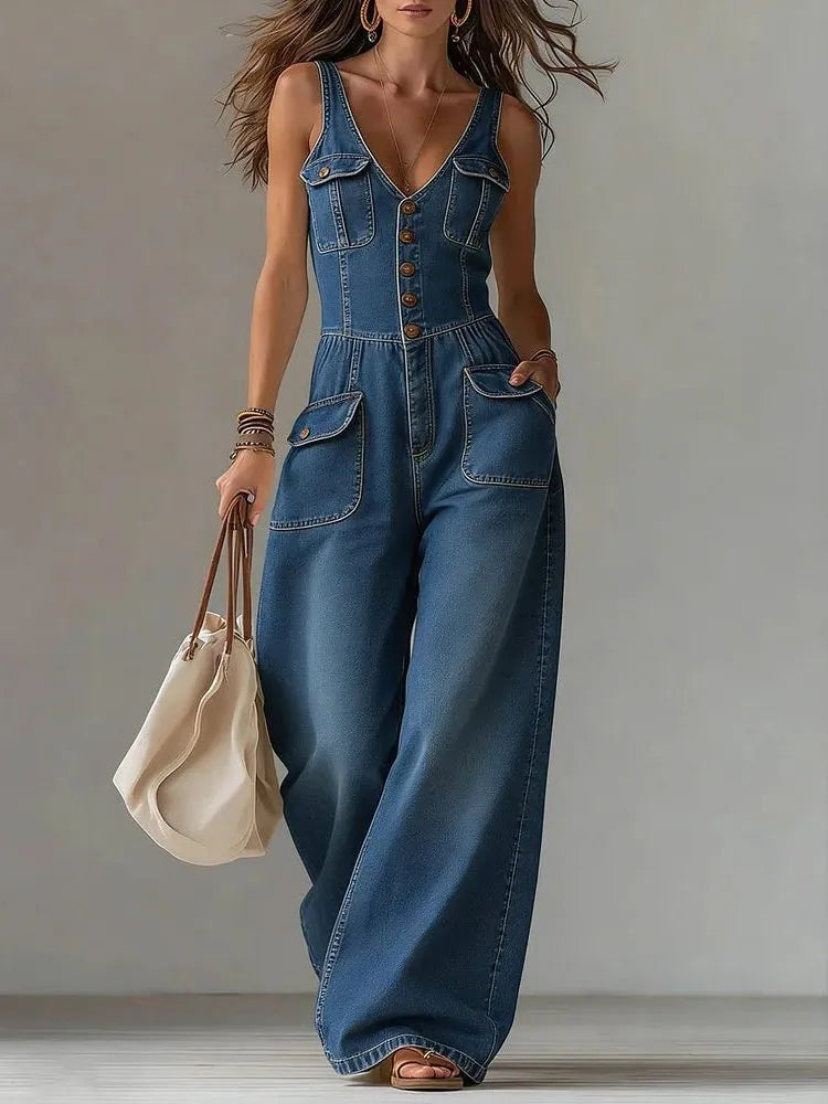 Rosselle denim jumpsuit voor dames met wijde pijpen