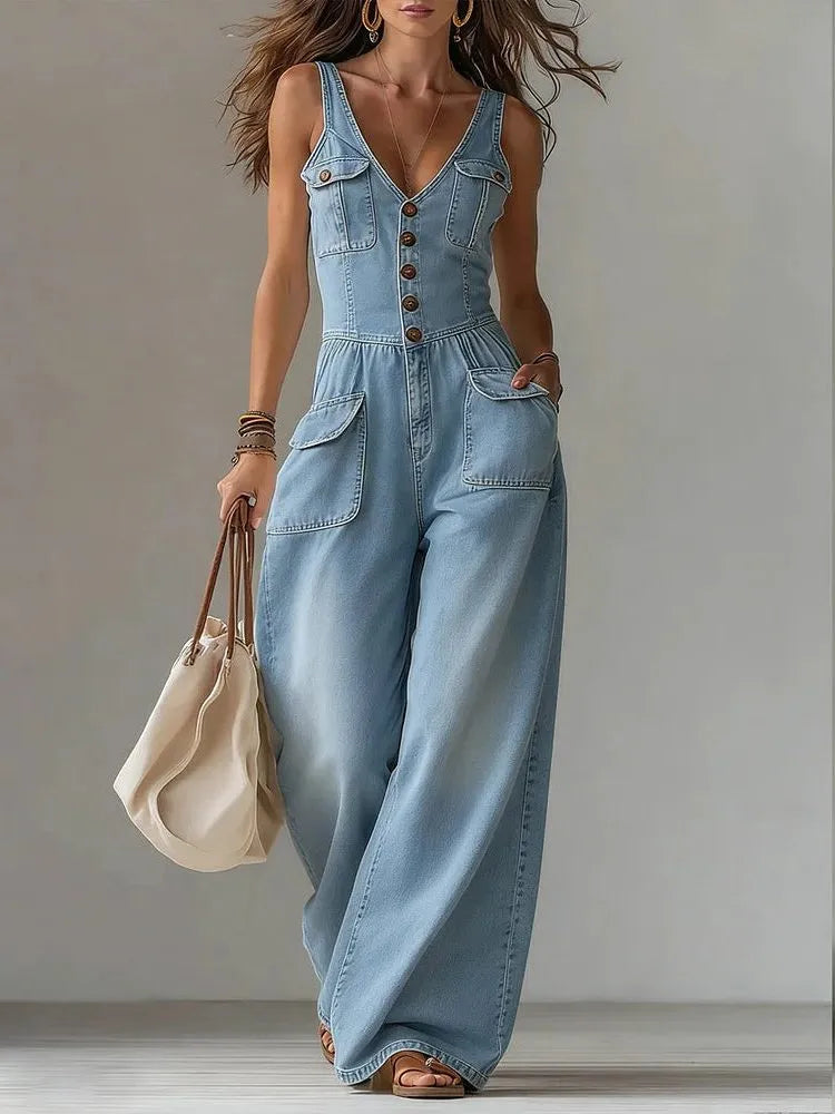 Rosselle denim jumpsuit voor dames met wijde pijpen