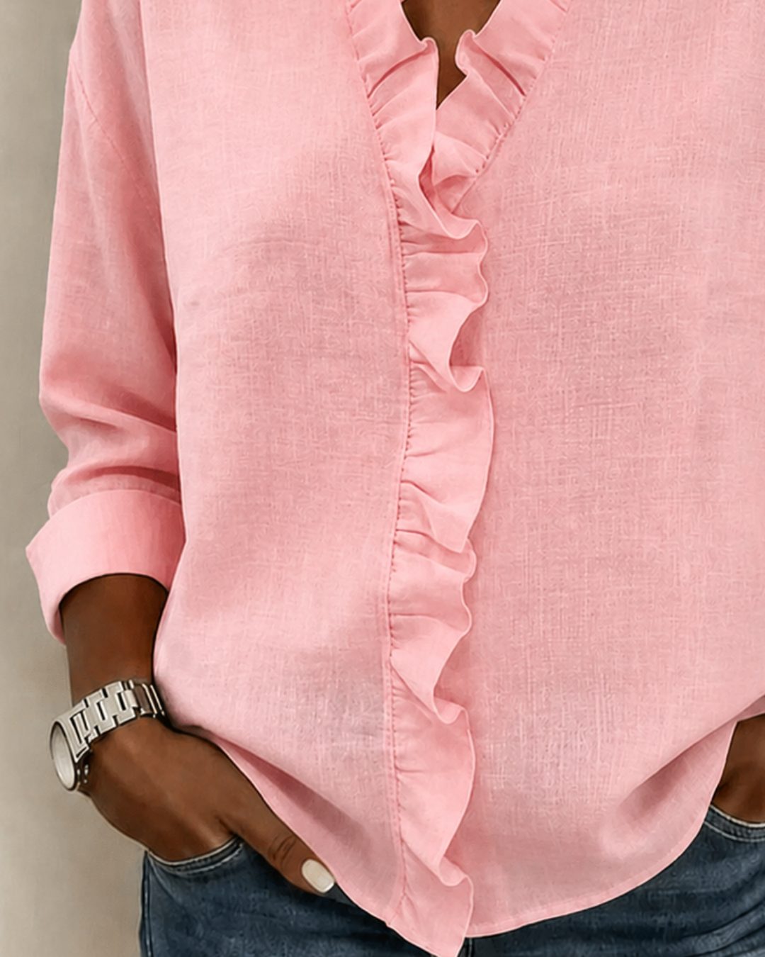 Blouse met ruches, v-hals en lange mouwen voor dames