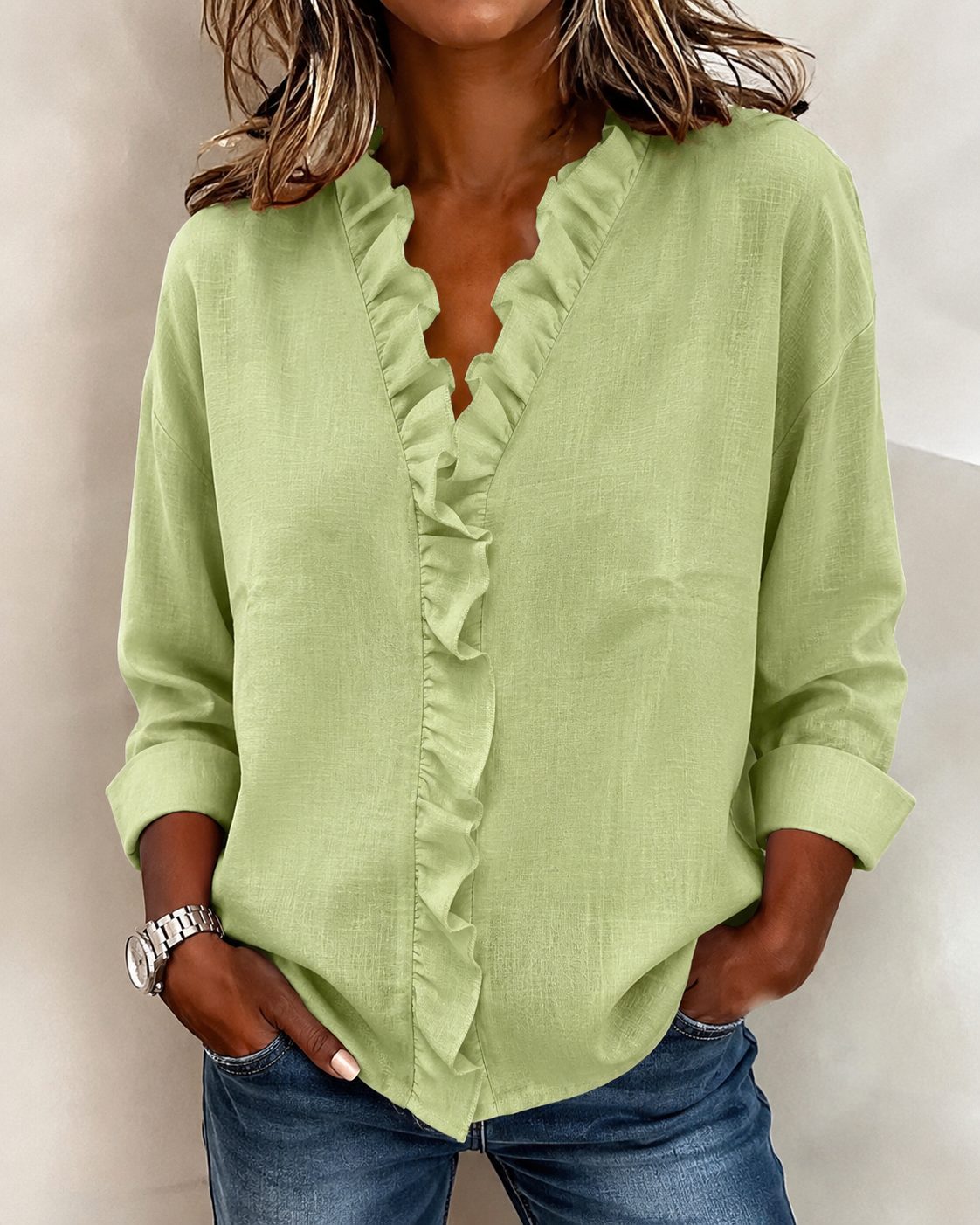 Blouse met ruches, v-hals en lange mouwen voor dames
