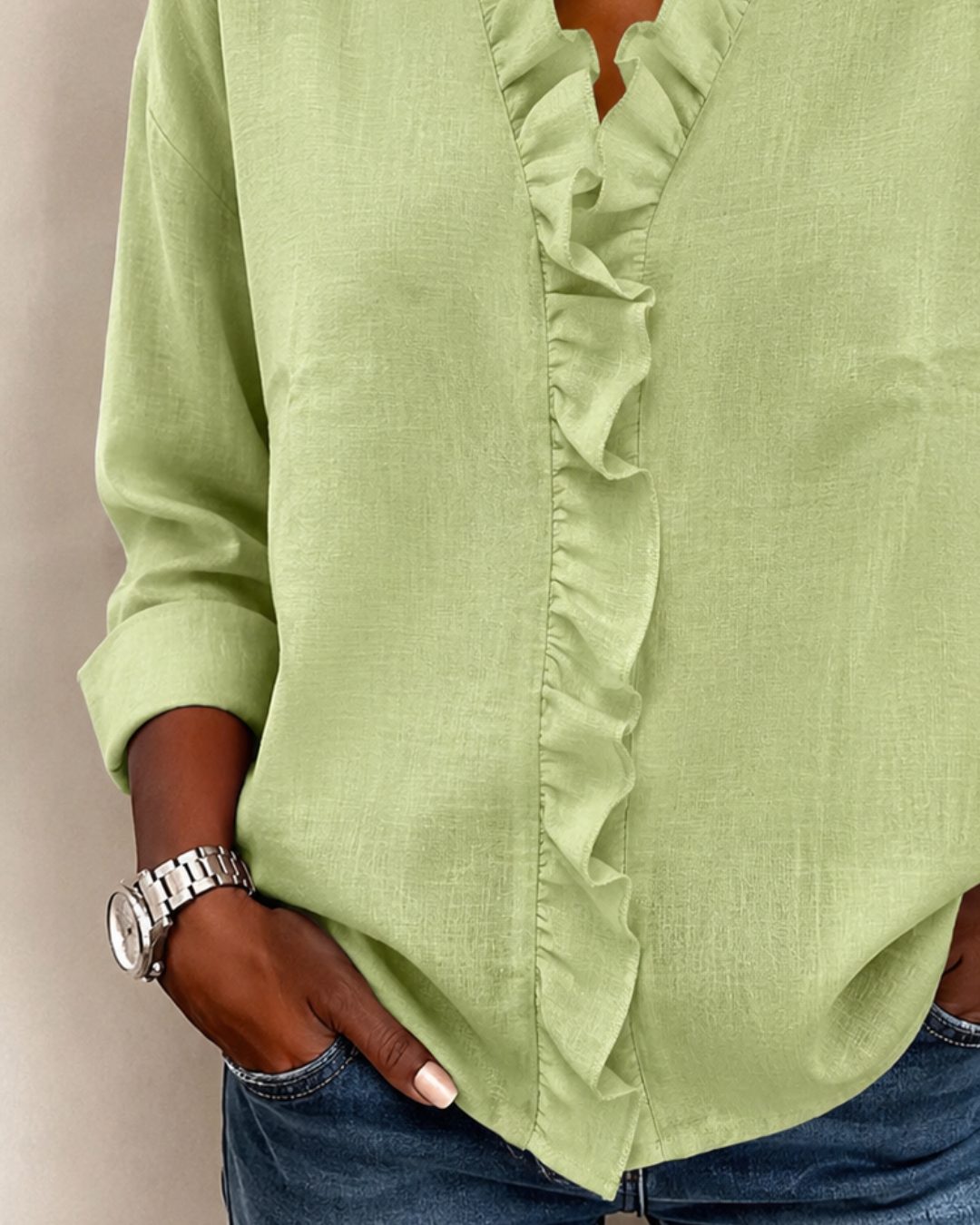 Blouse met ruches, v-hals en lange mouwen voor dames