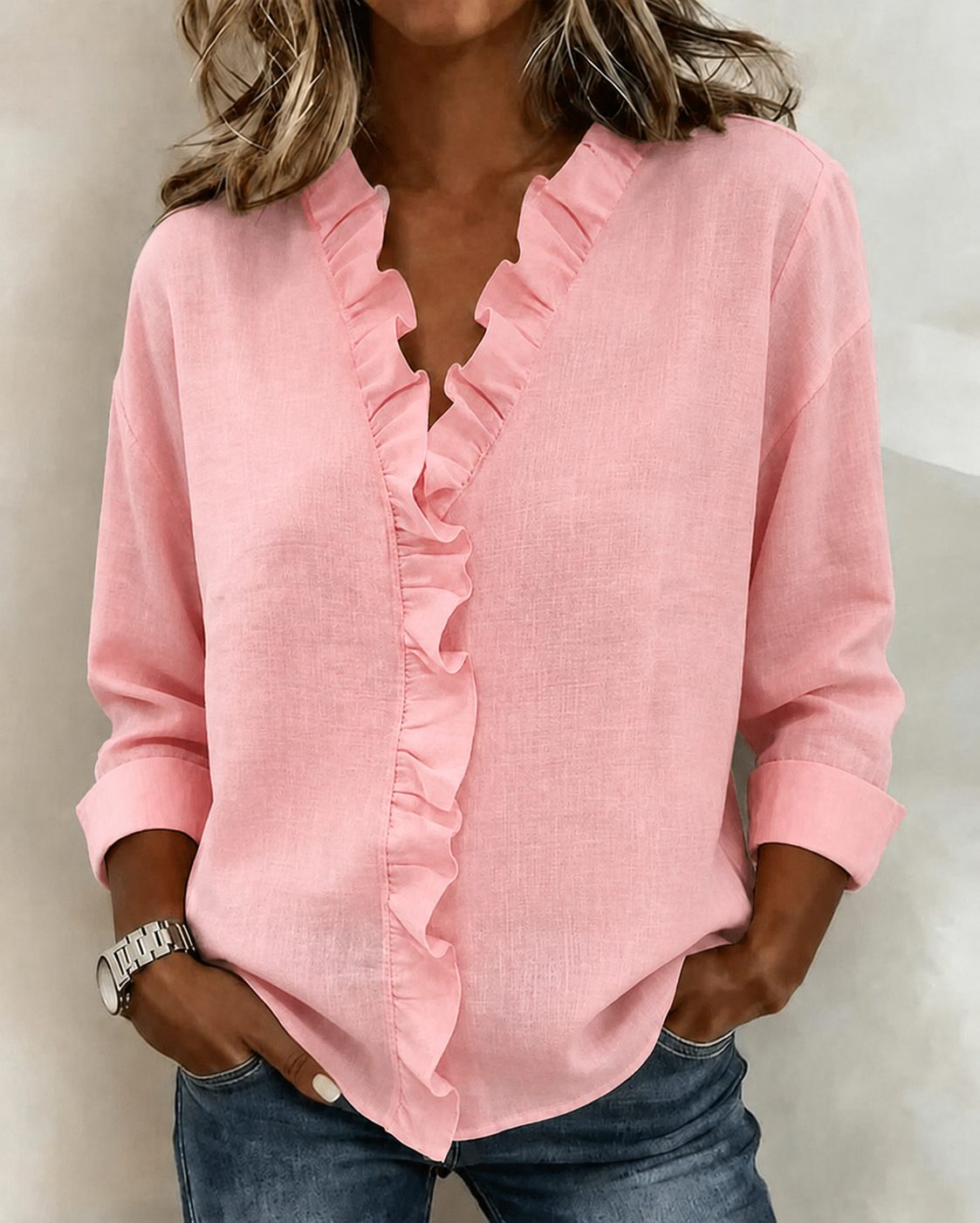 Blouse met ruches, v-hals en lange mouwen voor dames