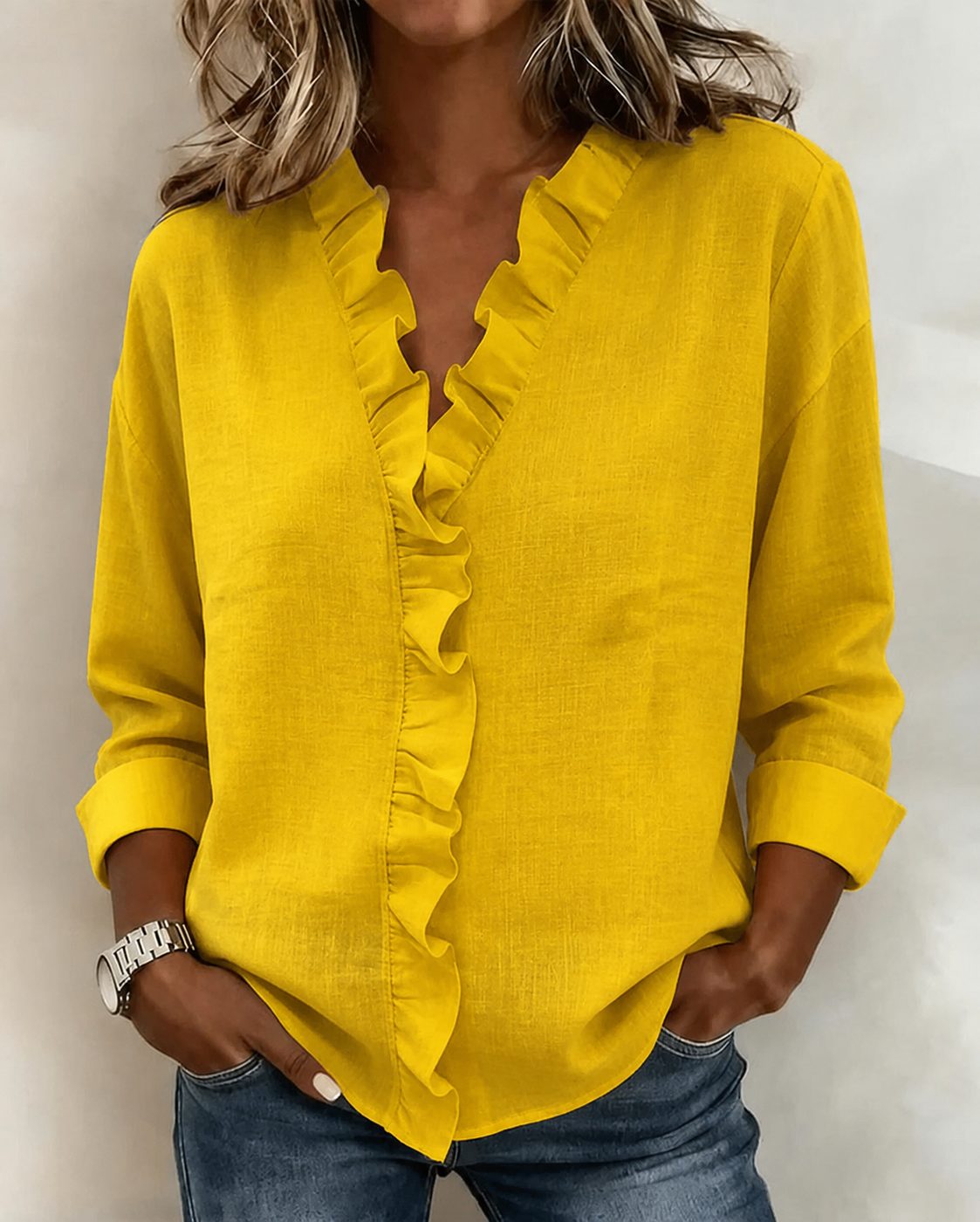 Blouse met ruches, v-hals en lange mouwen voor dames