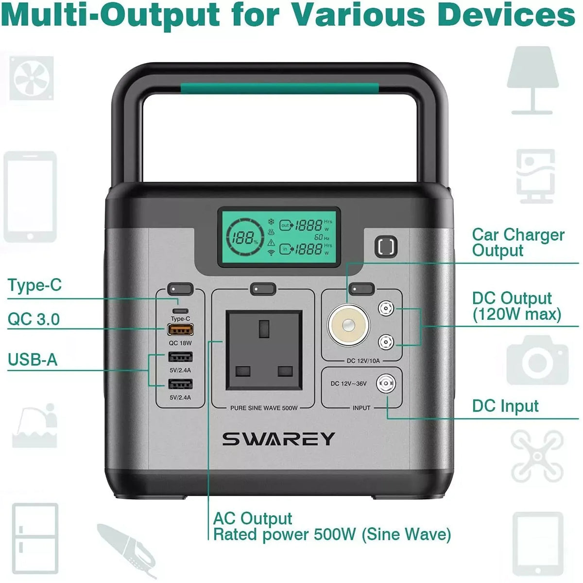 SWAREY S500 Pro – Draagbare Zonne-Energiegenerator voor Kamperen en Noodgevallen