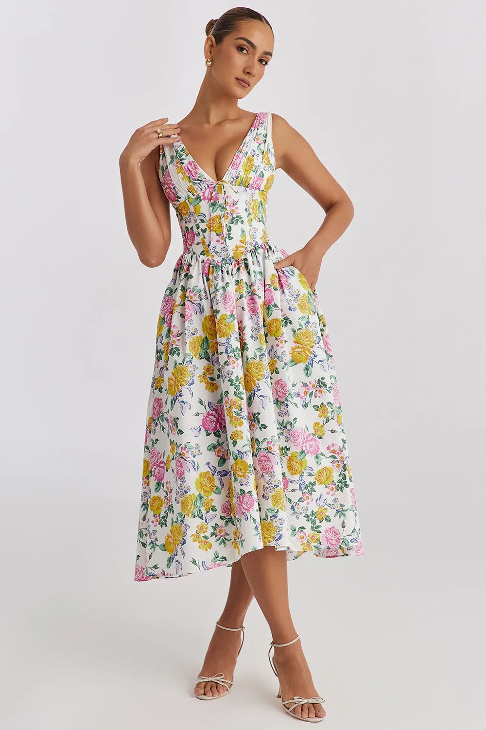 Saffron A-lijn midijurk met bloemenprint en V-hals voor dames