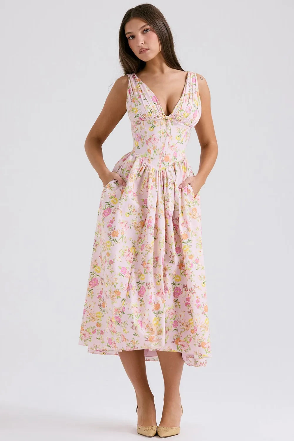 Saffron A-lijn midijurk met bloemenprint en V-hals voor dames