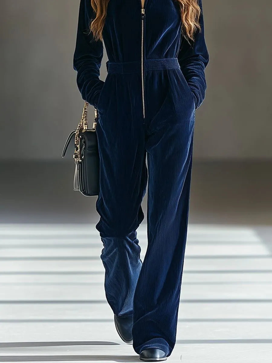 Sarafina ruimvallende corduroy damesjumpsuit met ritssluiting