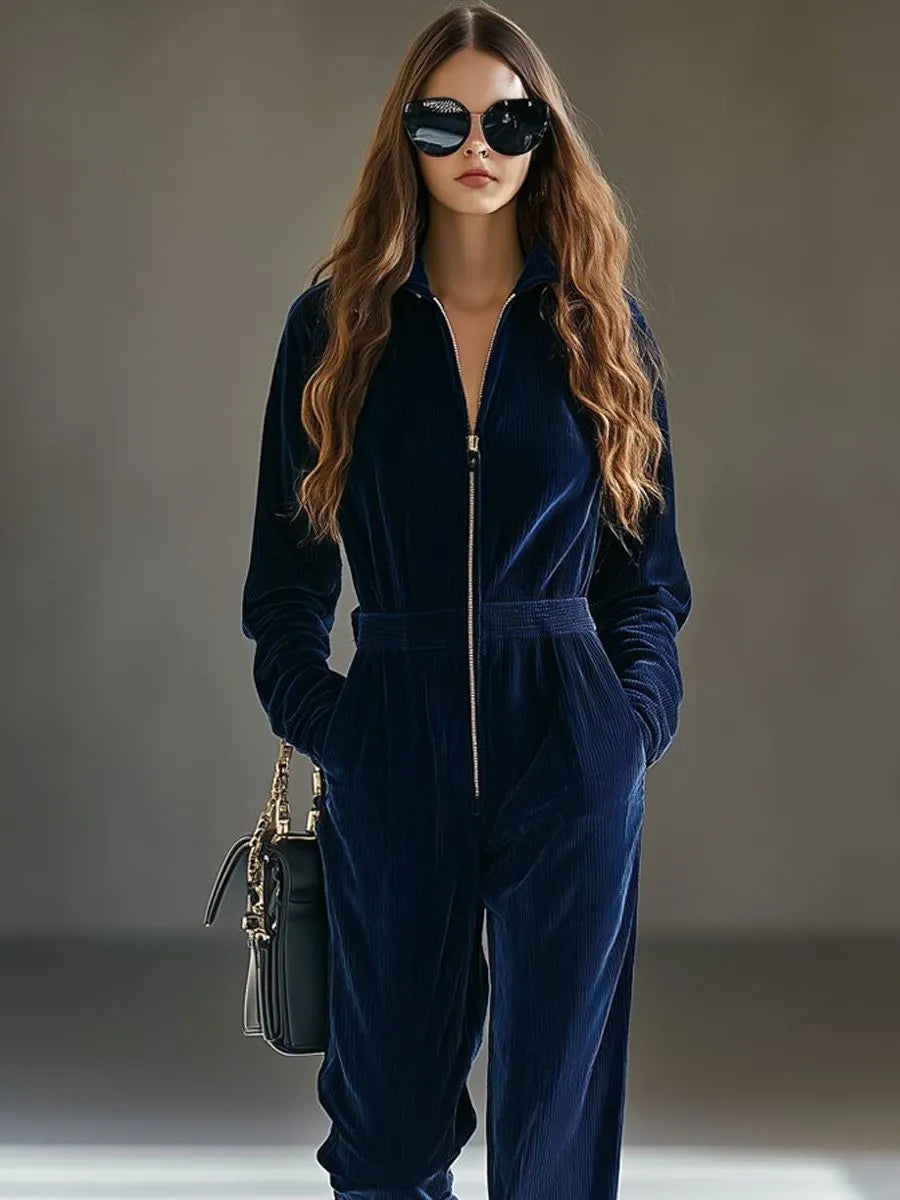 Sarafina ruimvallende corduroy damesjumpsuit met ritssluiting