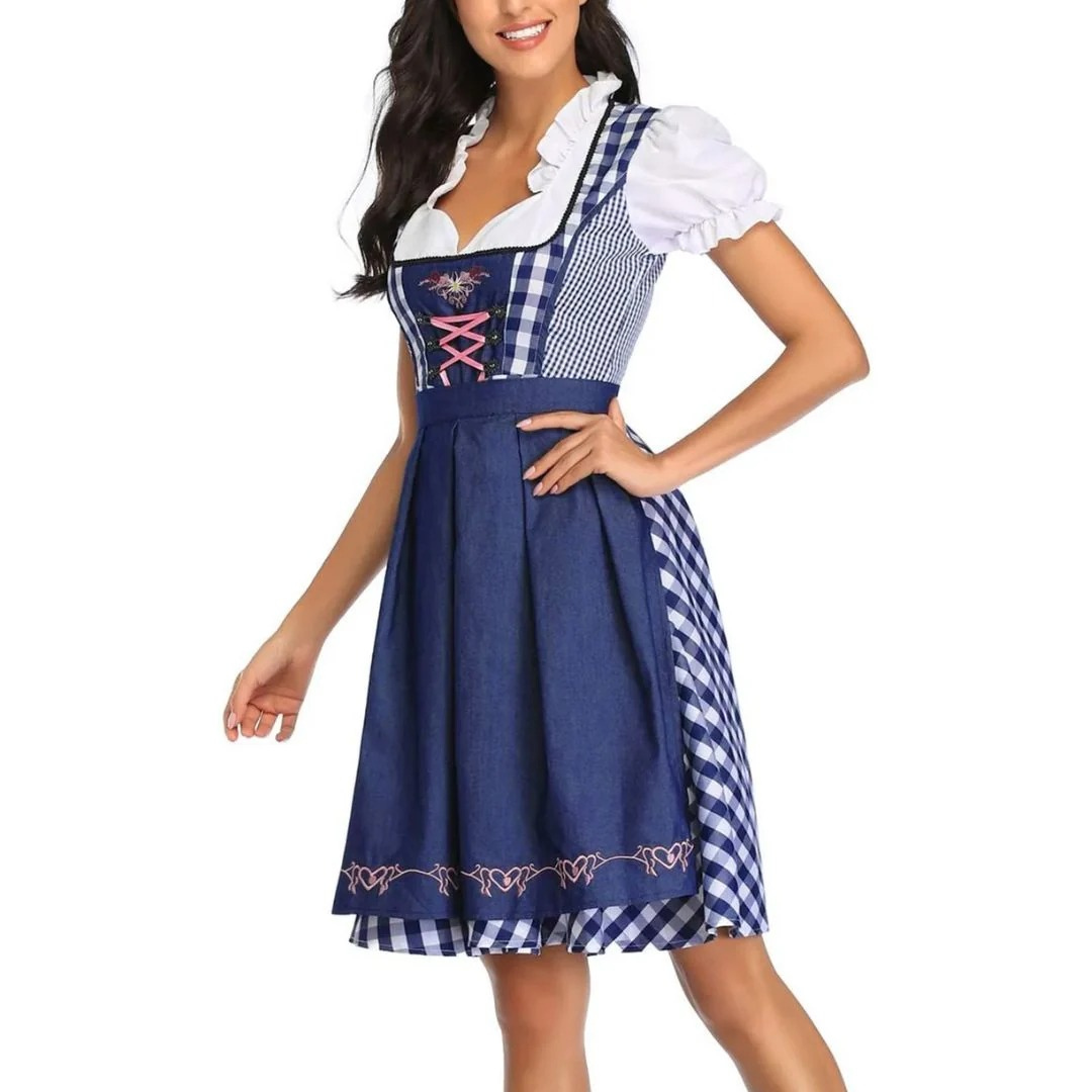 Geruite damesjurk met korset met rijgsluiting en schort, Oktoberfest midi