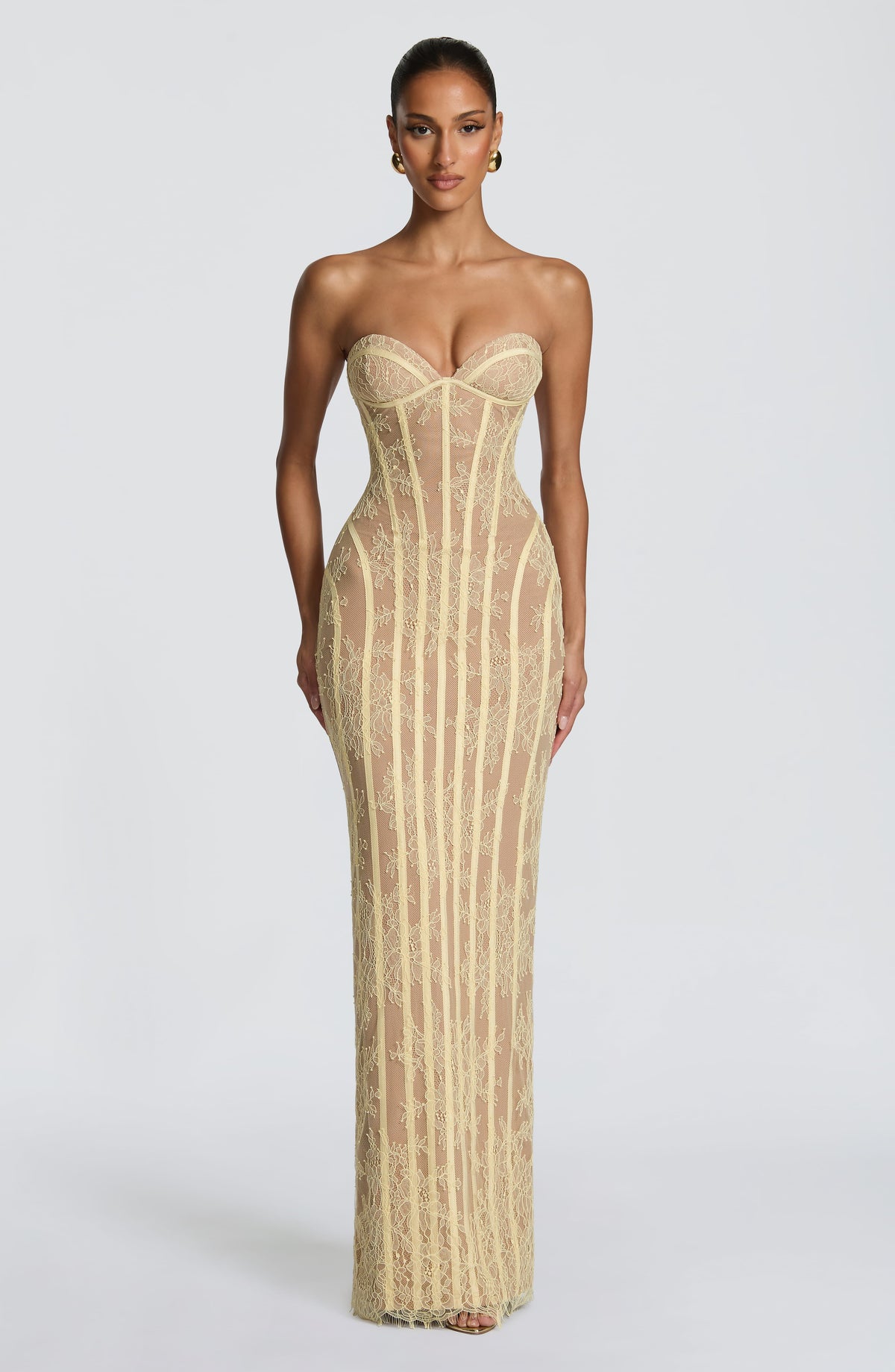 Strapless maxi-jurk met bloemenkant en korset