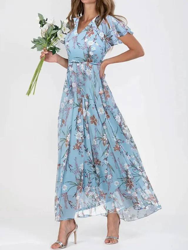 Skylar maxijurk met bloemenprint, V-hals en vlindermouwen voor dames