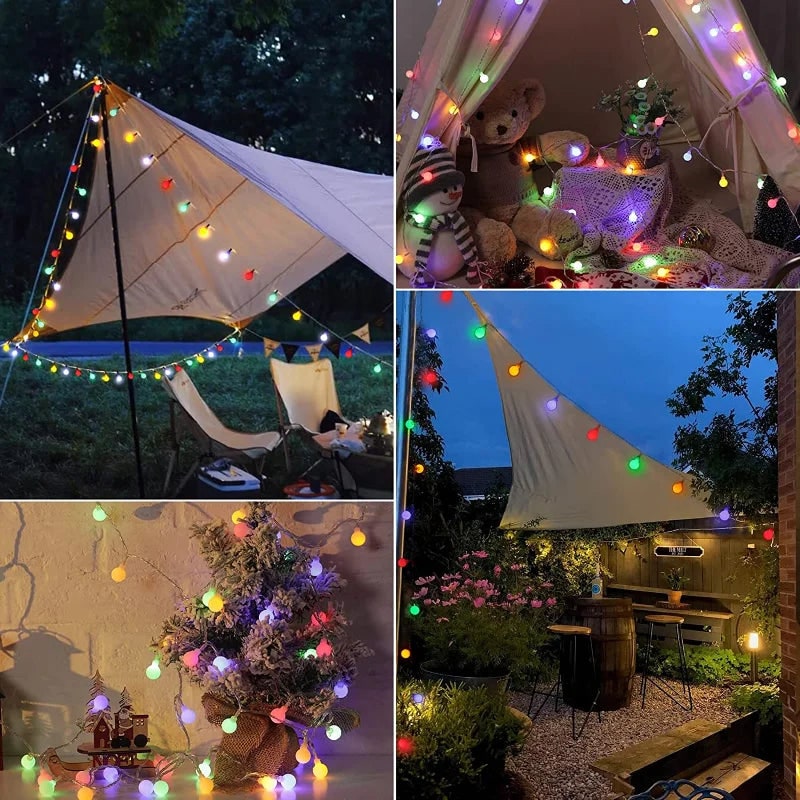 Zonne-energie lichtsnoer voor buiten met matte bolvormige lampen en aangedreven tuinverlichting voor buiten