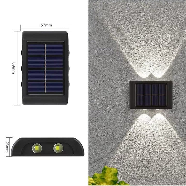 Zonne-energie buitenwandlampen met dubbele LED-bundel en warm- of koudwit licht omhoog en omlaag