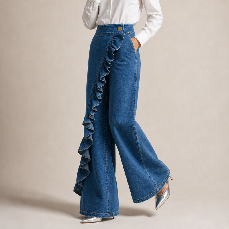 Wijde dames-jeansbroek met asymmetrische volant in culotte-stijl.