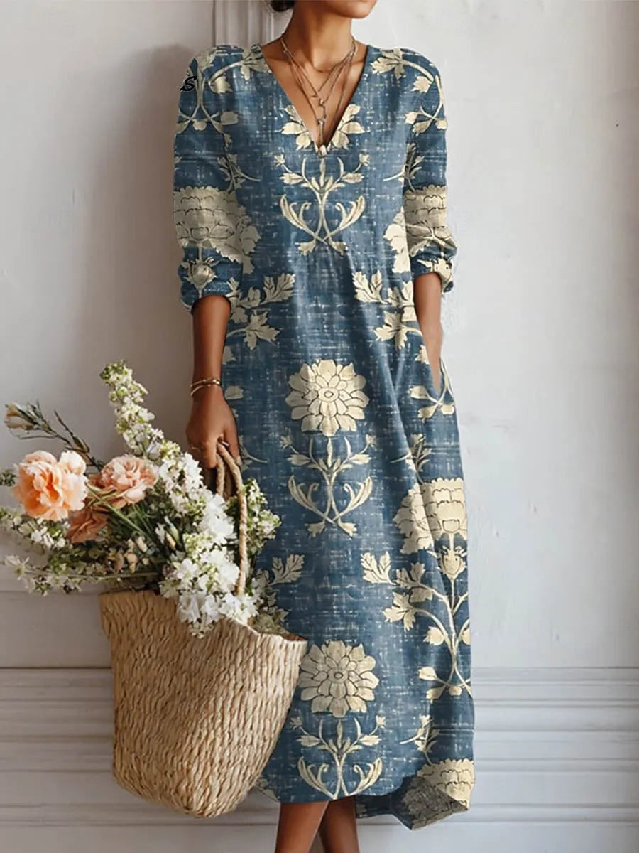 Sophia midijurk met bloemenprint, V-hals en zakken voor dames