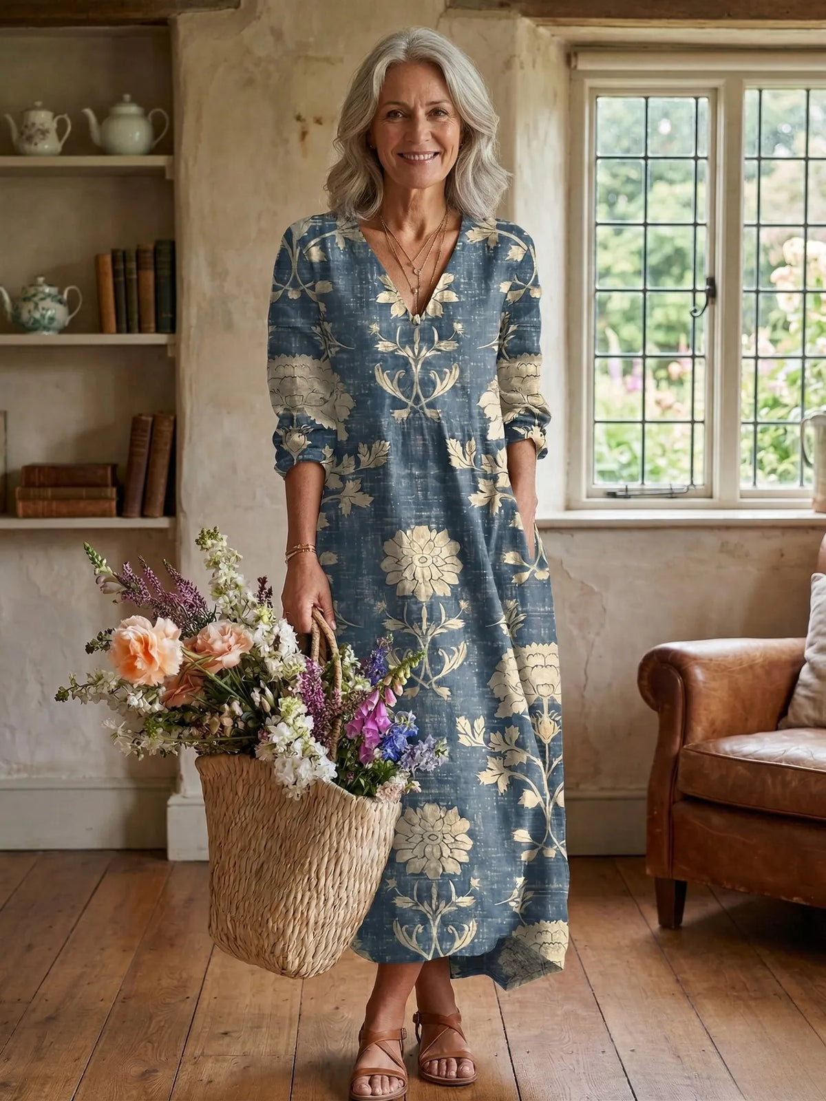 Sophia midijurk met bloemenprint, V-hals en zakken voor dames