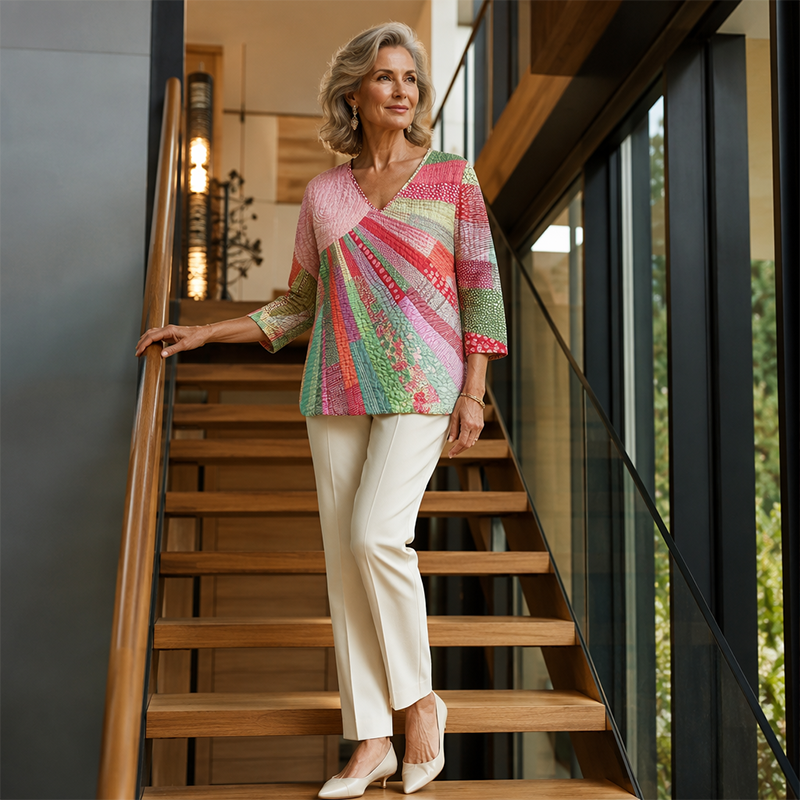 Dames retro patchwork blouse met V-hals