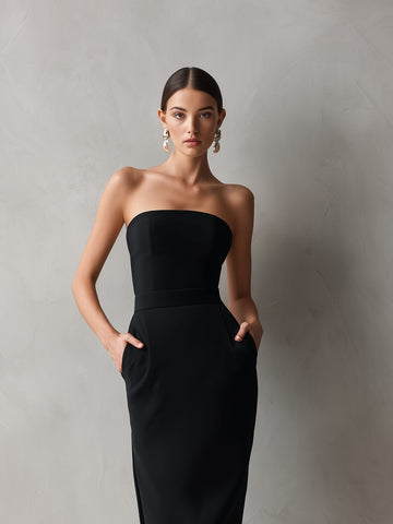 Strapless midi-jurk met zakken voor dames