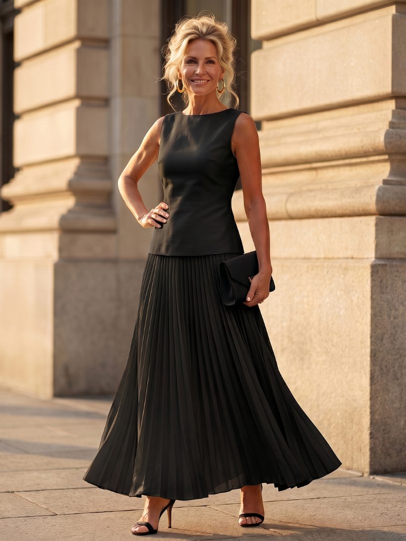 Set met geplisseerde midirok en gestructureerd bovenstuk voor dames