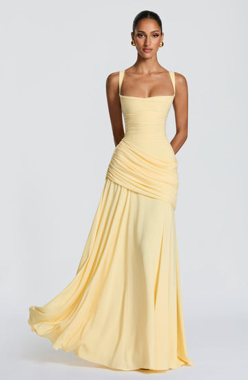 Destiny maxi-jurk van chiffon met waterval-hals en rugveter