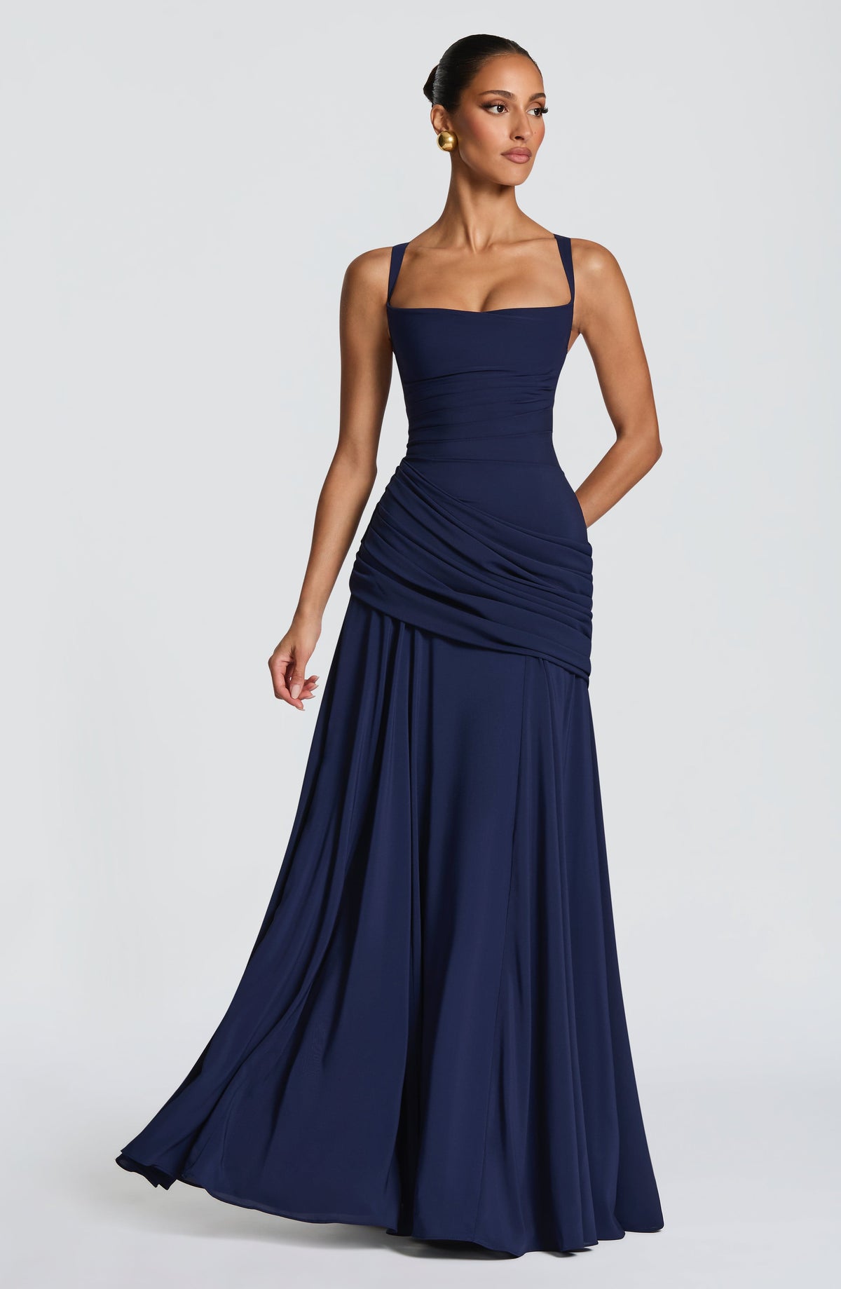 Destiny maxi-jurk van chiffon met waterval-hals en rugveter
