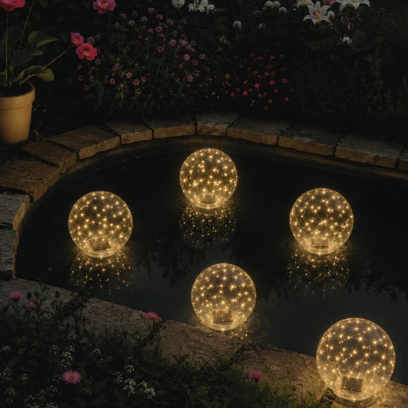 Zwembadlampen LED drijvend opblaasbaar op zonne-energie met lichtsnoer en handpomp