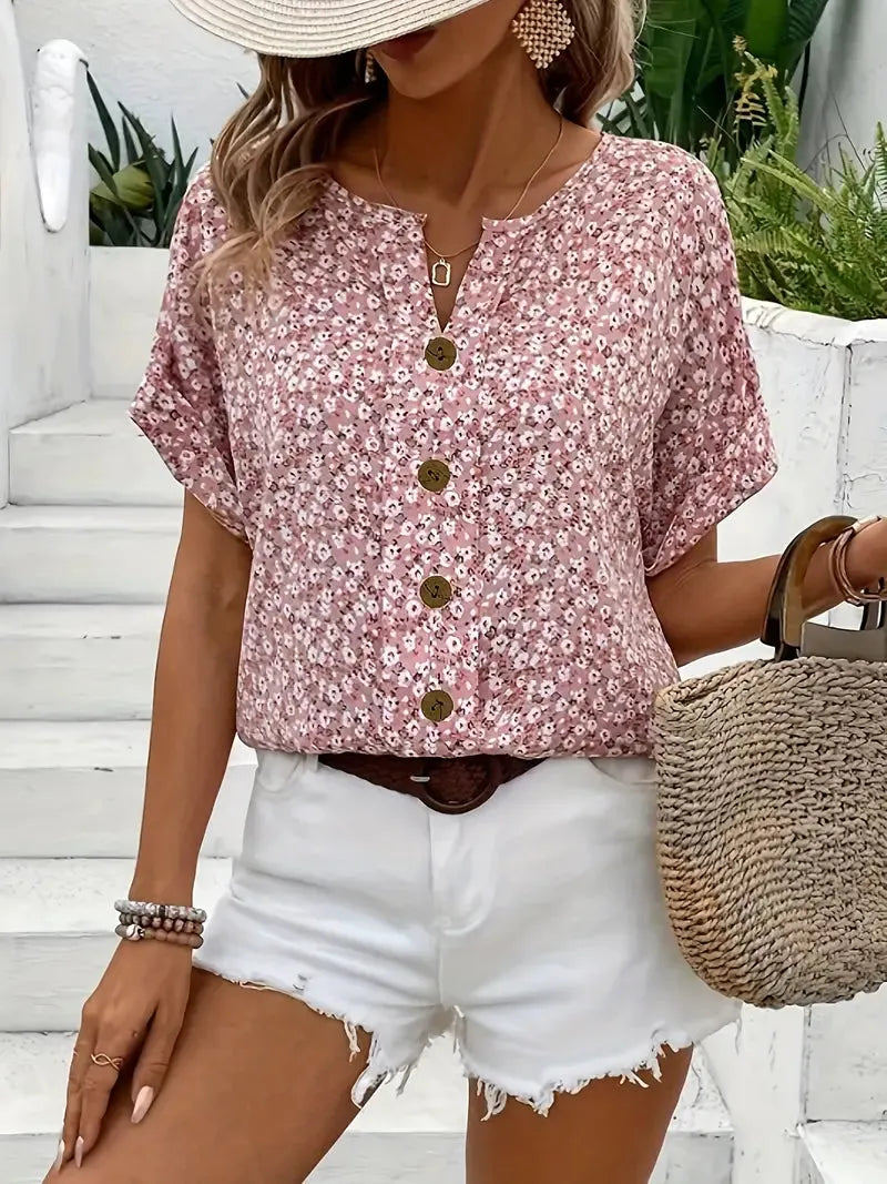 Tamara blouse met bloemenprint, korte mouwen en knoopsluiting voor dames