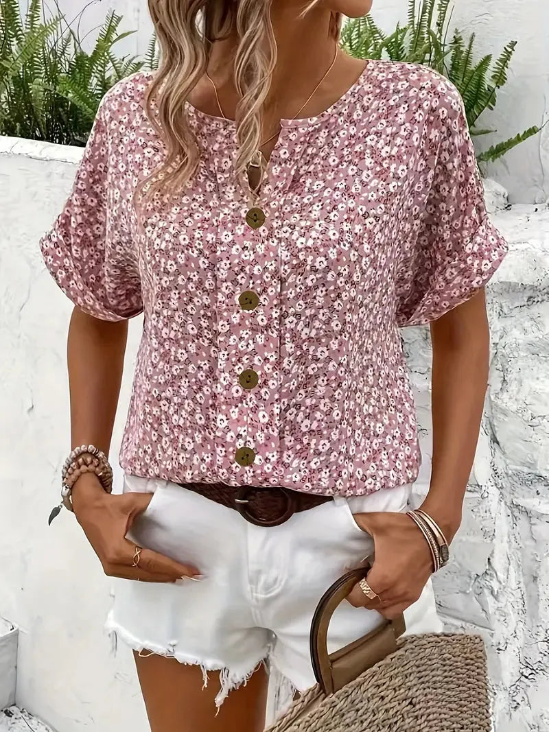 Tamara blouse met bloemenprint, korte mouwen en knoopsluiting voor dames