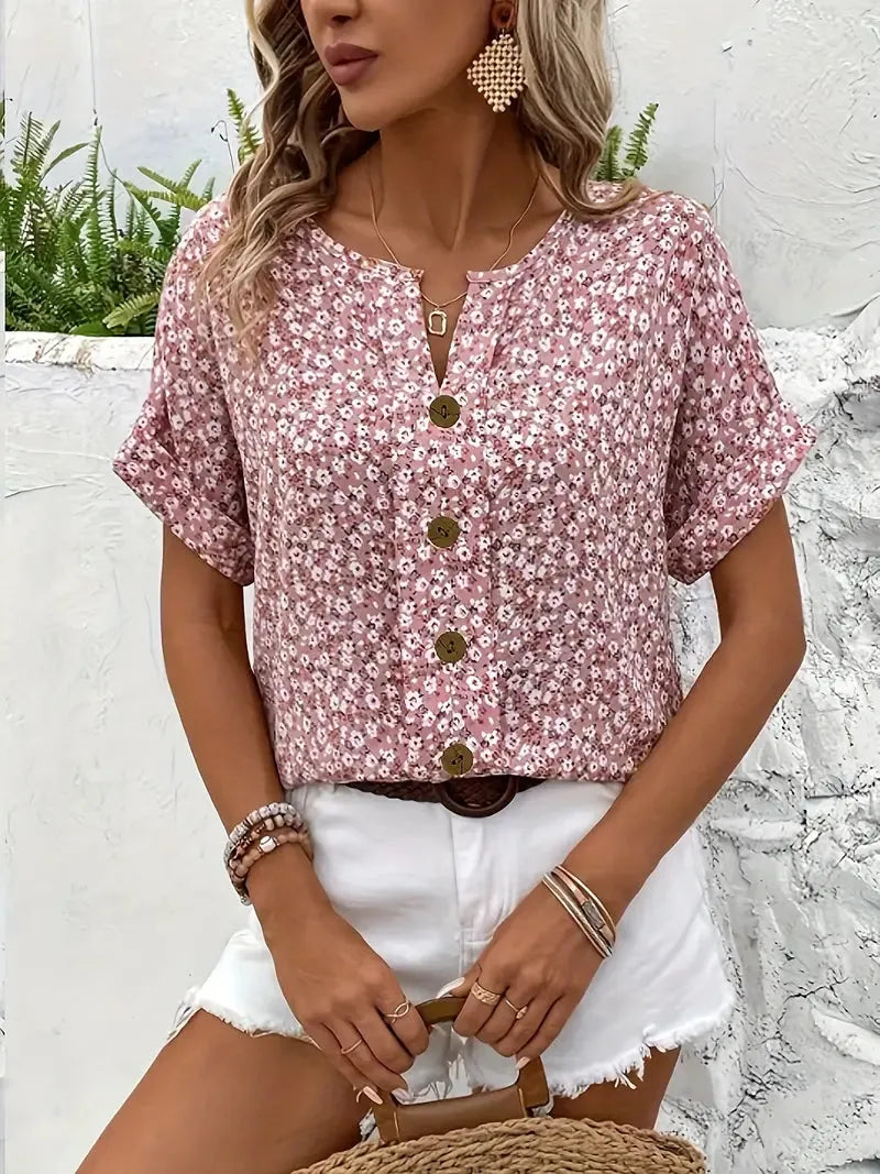 Tamara blouse met bloemenprint, korte mouwen en knoopsluiting voor dames