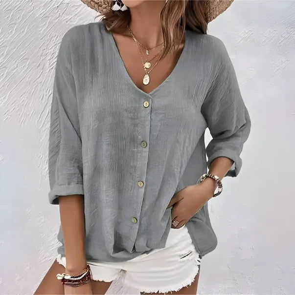 Tara damesblouse met V-hals en knoopsluiting