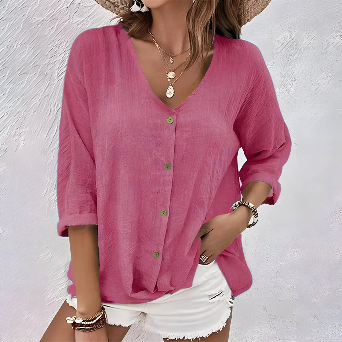 Tara damesblouse met V-hals en knoopsluiting