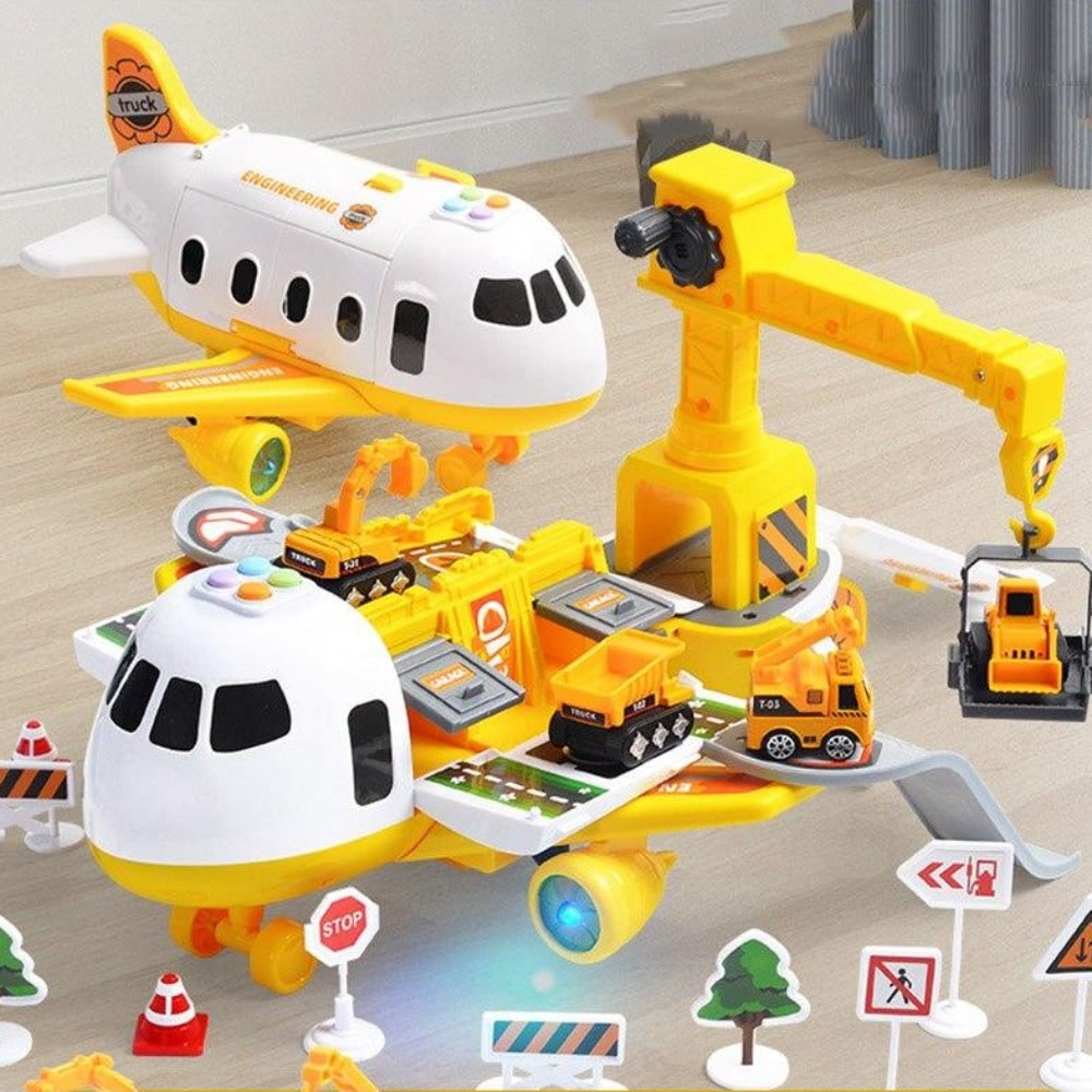 Speelgoedvliegtuig-speelset met interactieve lichtjes, geluiden en die-cast voertuigjes