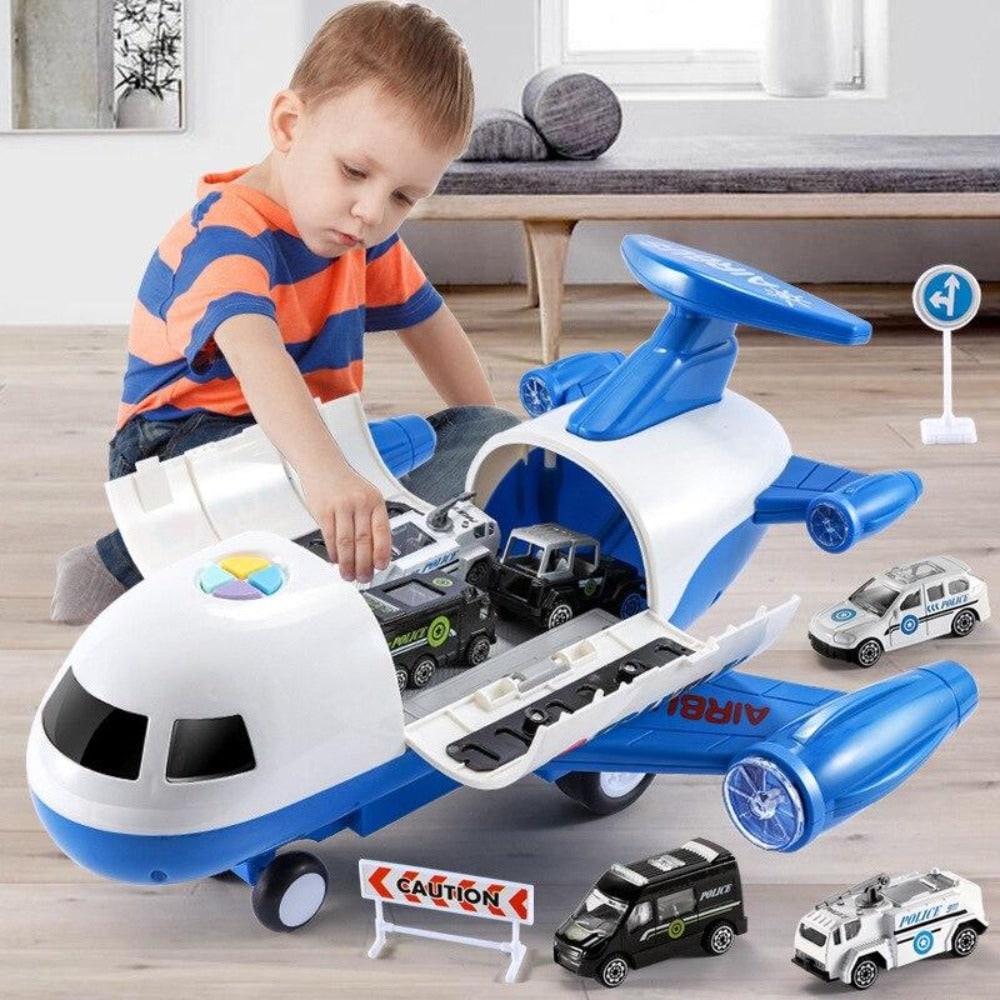 Speelgoedvliegtuig-speelset met interactieve lichtjes, geluiden en die-cast voertuigjes