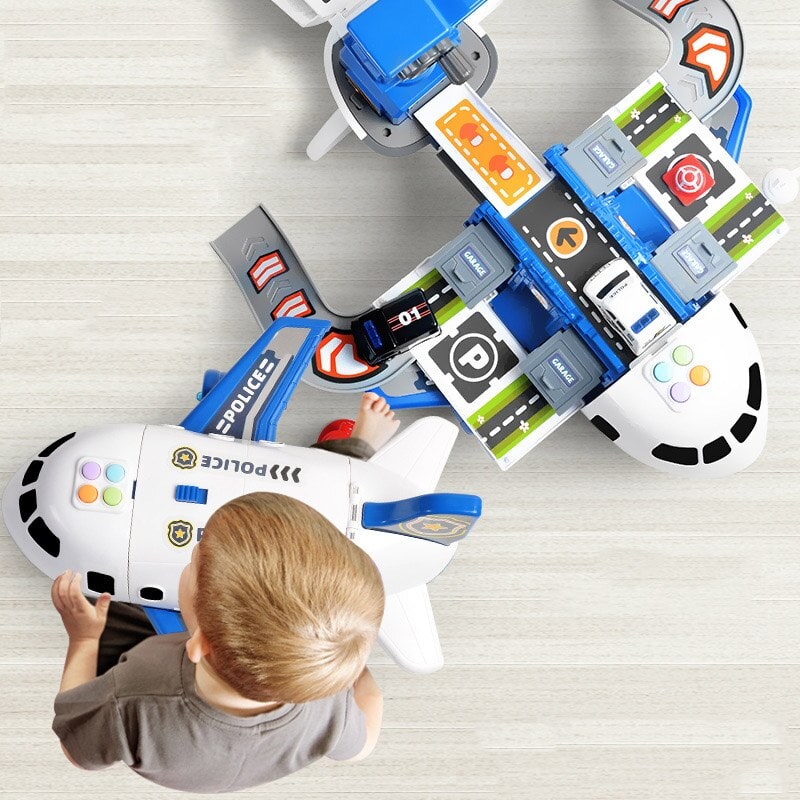 Speelgoedvliegtuig-speelset met interactieve lichtjes, geluiden en die-cast voertuigjes