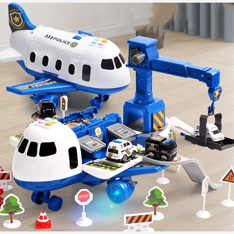 Speelgoedvliegtuig-speelset met interactieve lichtjes, geluiden en die-cast voertuigjes