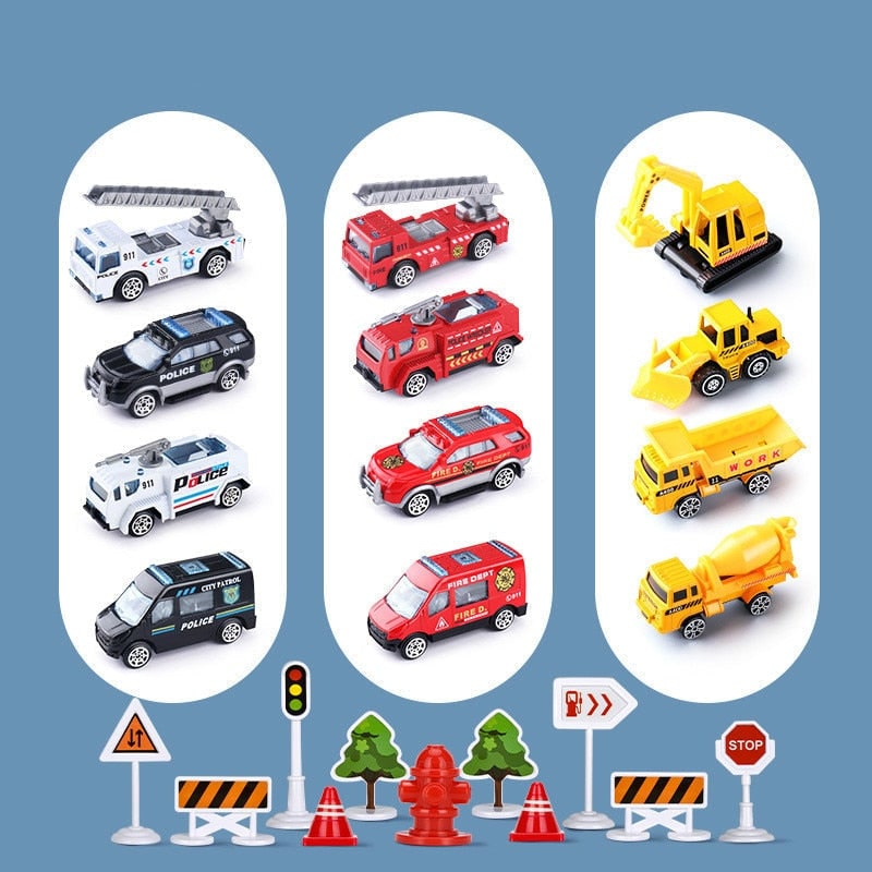 Speelgoedvliegtuig-speelset met interactieve lichtjes, geluiden en die-cast voertuigjes
