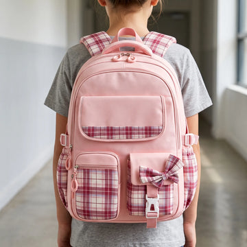 Gestructureerde schoolrugzak met geruite accenten - comfort en stijl