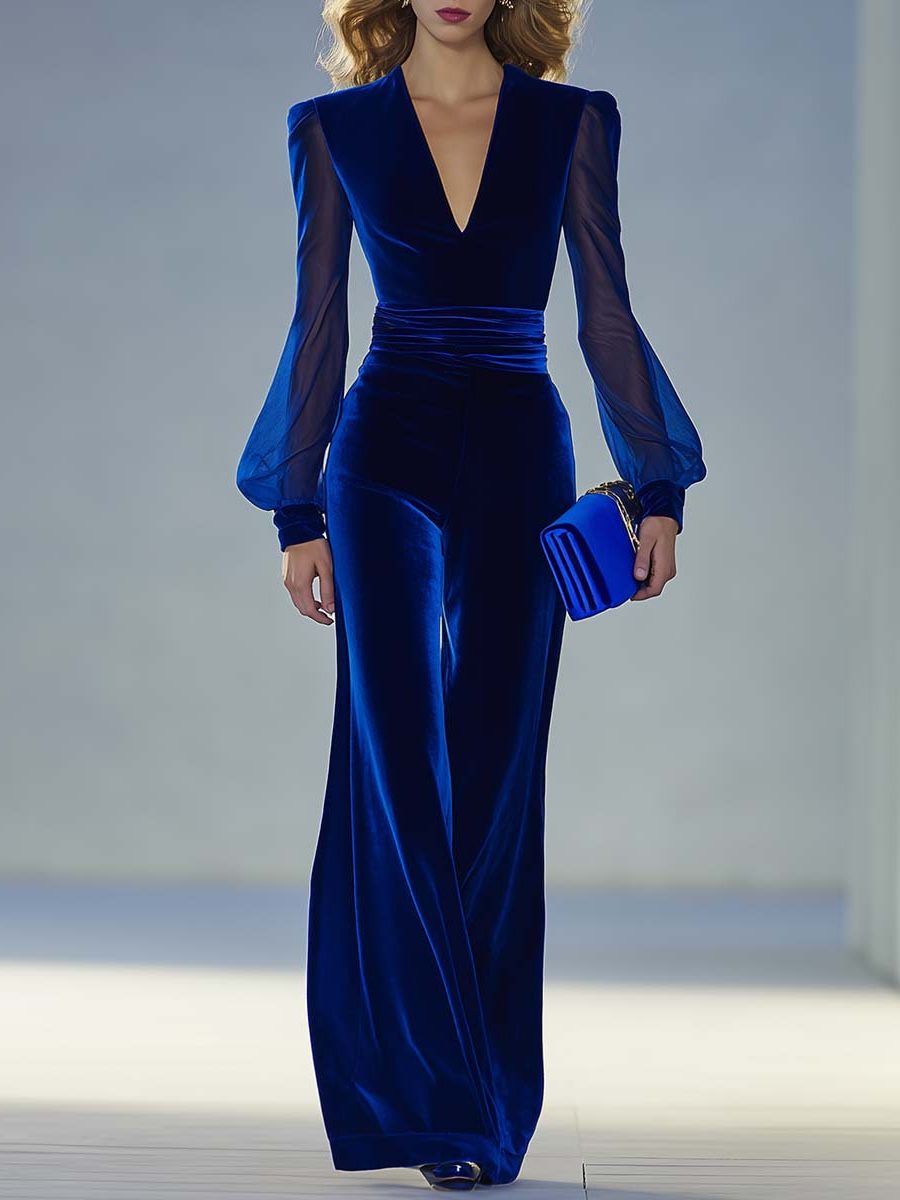 Maxi-jumpsuit van fluweel met V-hals en lange mouwen voor dames