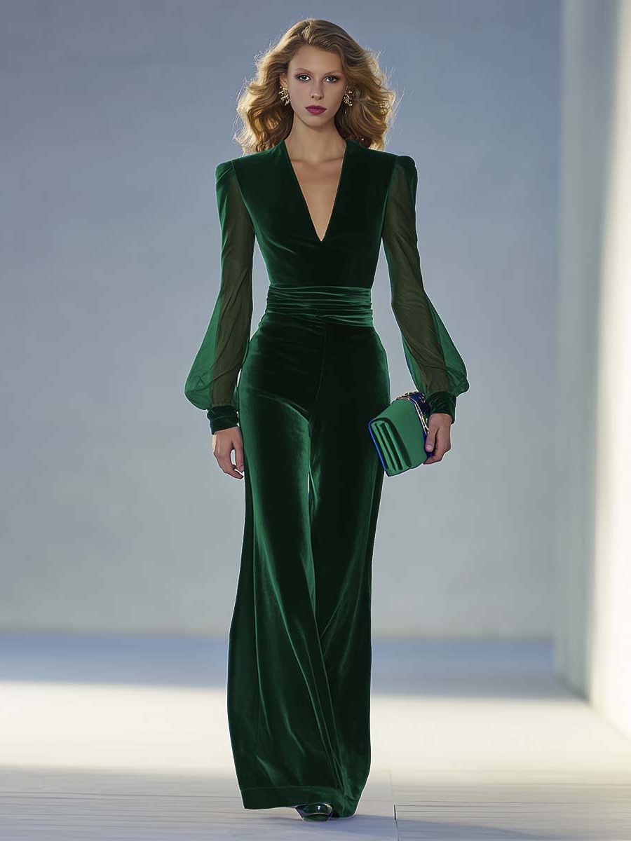 Maxi-jumpsuit van fluweel met V-hals en lange mouwen voor dames