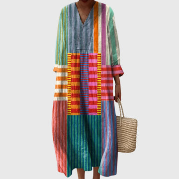 Valentina gestreepte patchwork-damesmidijurk met V-hals